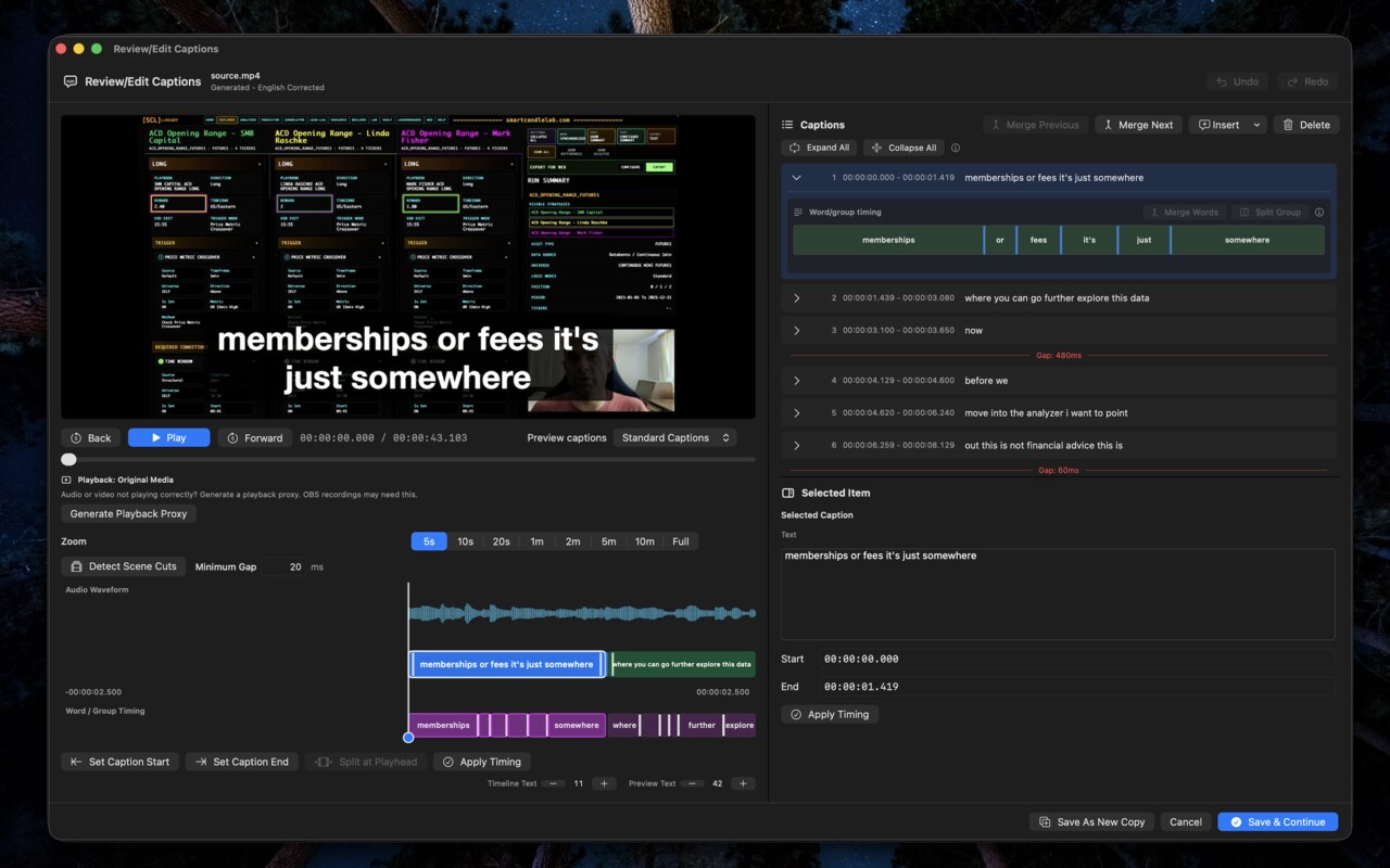 Caption Comet Project Mode ,  edit subtitle words, timing, and styles
